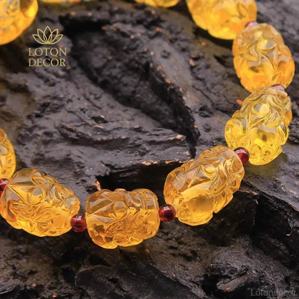Amber Pixiu Bracelet – Feng Shui Wealth Garnet Dragon Crystal Amulet - Loton Decor