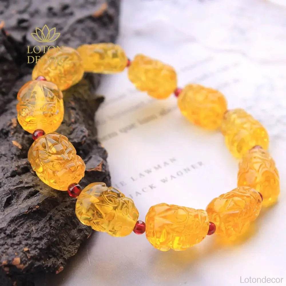 Amber Pixiu Bracelet – Feng Shui Wealth Garnet Dragon Crystal Amulet - Loton Decor
