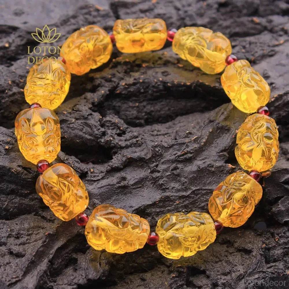 Amber Pixiu Bracelet – Feng Shui Wealth Garnet Dragon Crystal Amulet - Loton Decor
