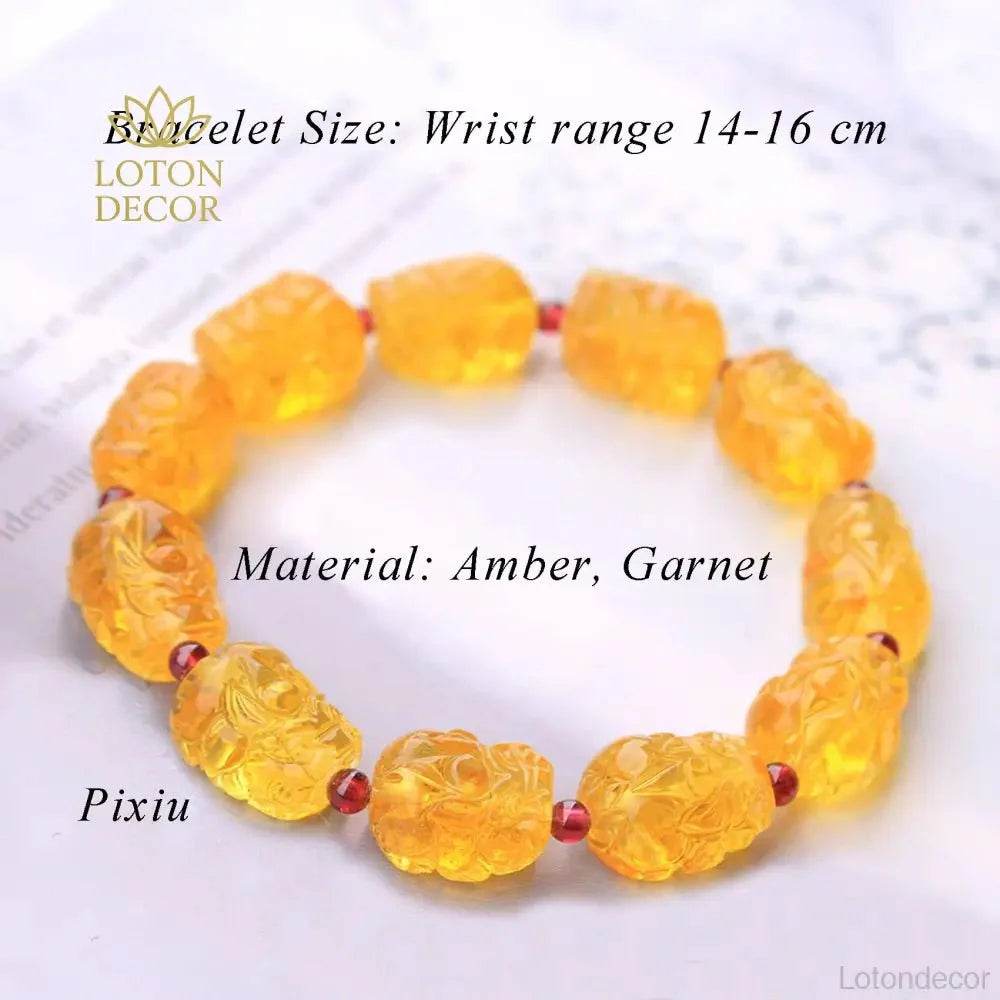 Amber Pixiu Bracelet – Feng Shui Wealth Garnet Dragon Crystal Amulet - Loton Decor