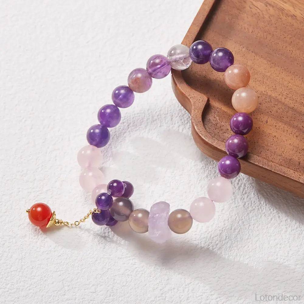 Amethyst Bracelet Feng Shui Nine Purple Fire Amulet for Starter Sun Tourmaline Phantom Crystal Mica Multi-Gem Bracelet for Prosperity - Loton Decor