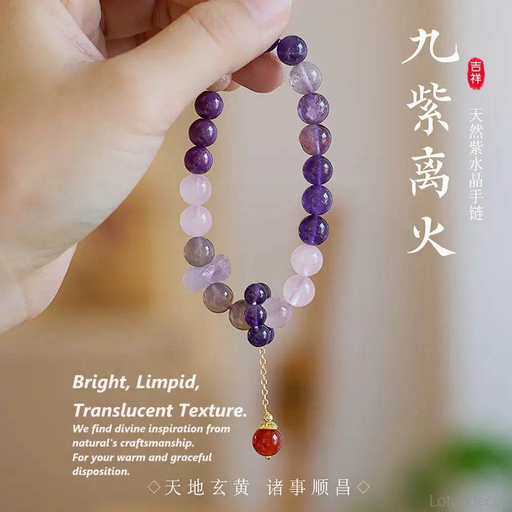 Amethyst Bracelet Feng Shui Nine Purple Fire Amulet for Starter Sun Tourmaline Phantom Crystal Mica Multi-Gem Bracelet for Prosperity - Loton Decor