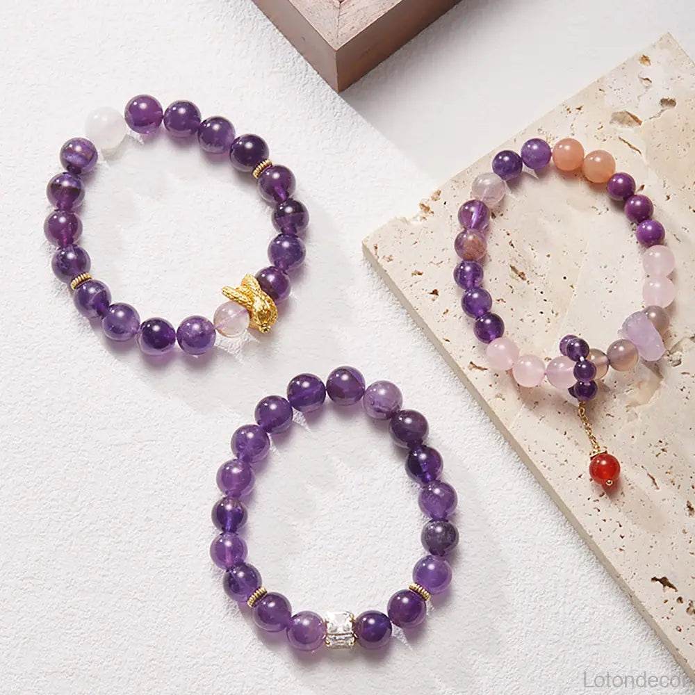 Amethyst Bracelet Feng Shui Nine Purple Fire Amulet for Starter Sun Tourmaline Phantom Crystal Mica Multi-Gem Bracelet for Prosperity - Loton Decor