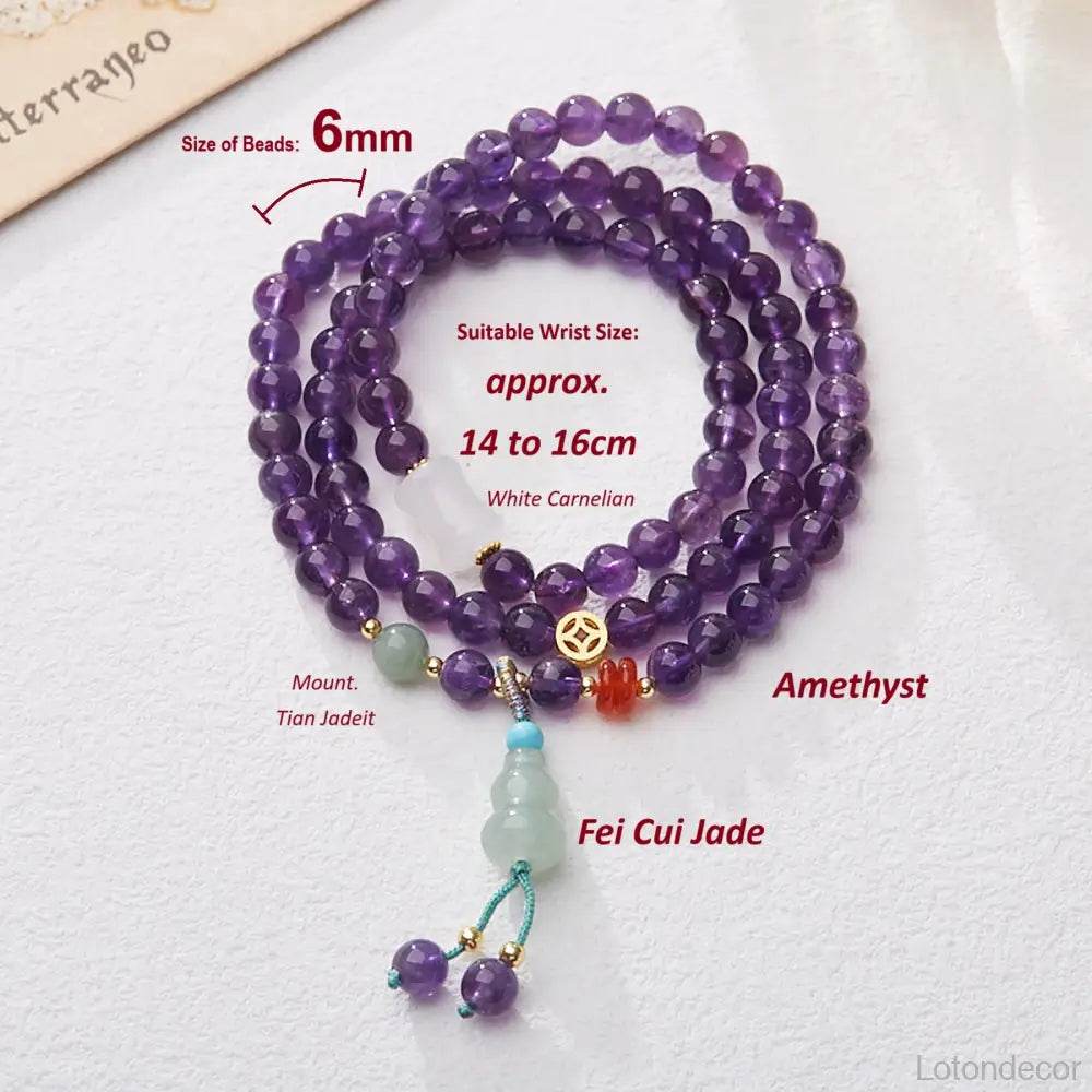 Amethyst Bracelet Purple Feng Shui Wu Lou Jade Longevity Gourd Charm Chakra Balance Gem Golden Ancient Coin Crystal Bracelet - Loton Decor