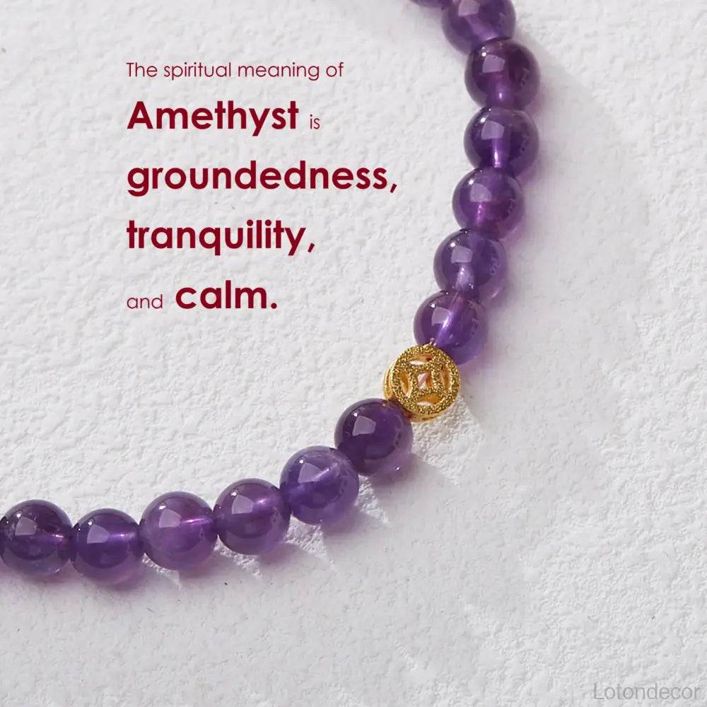 Amethyst Bracelet Purple Feng Shui Wu Lou Jade Longevity Gourd Charm Chakra Balance Gem Golden Ancient Coin Crystal Bracelet - Loton Decor