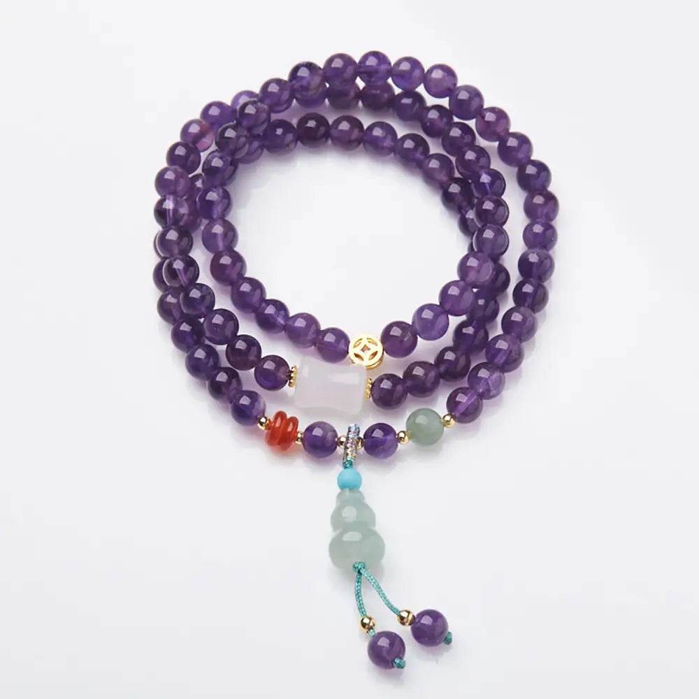 Amethyst Bracelet Purple Feng Shui Wu Lou Jade Longevity Gourd Charm Chakra Balance Gem Golden Ancient Coin Crystal Bracelet - Loton Decor