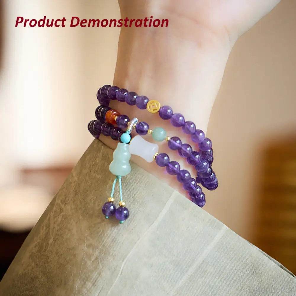 Amethyst Bracelet Purple Feng Shui Wu Lou Jade Longevity Gourd Charm Chakra Balance Gem Golden Ancient Coin Crystal Bracelet - Loton Decor