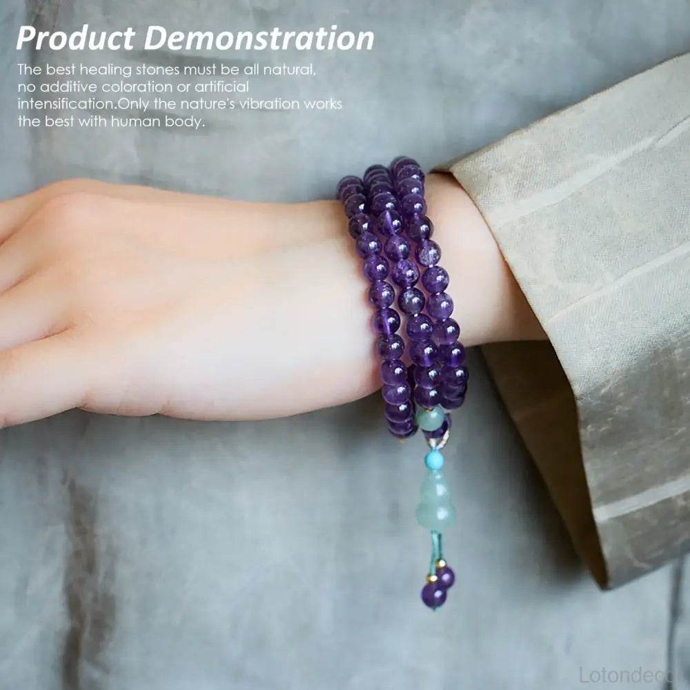 Amethyst Bracelet Purple Feng Shui Wu Lou Jade Longevity Gourd Charm Chakra Balance Gem Golden Ancient Coin Crystal Bracelet - Loton Decor
