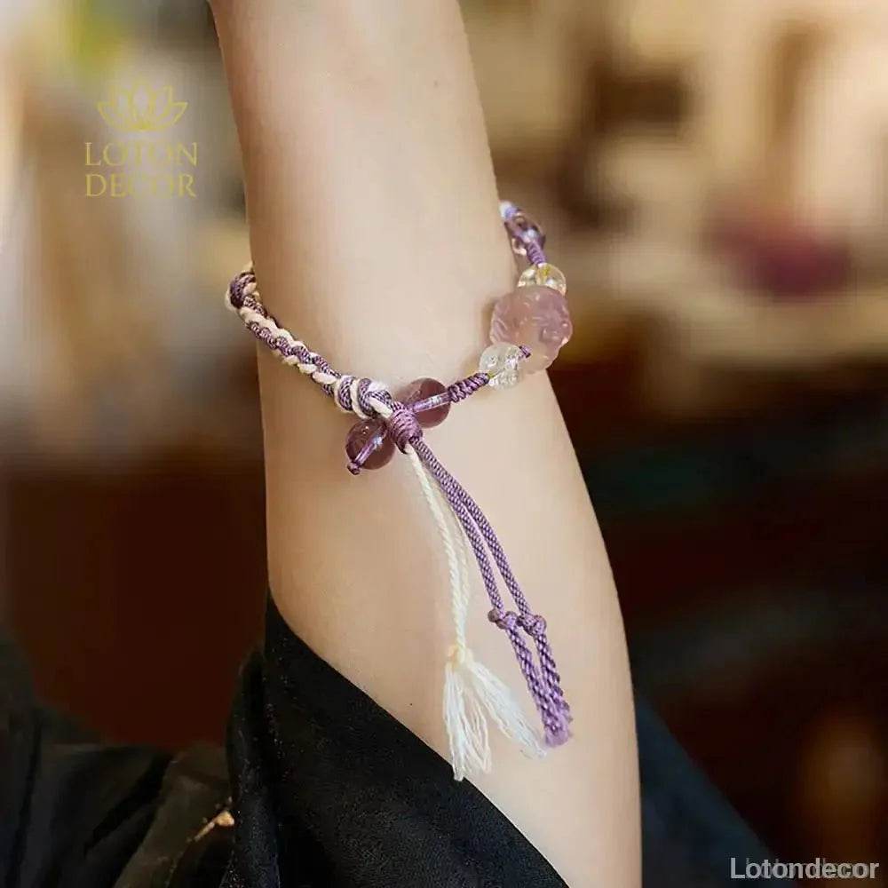 Amethyst Lavender Jade Bracelet 9 Purple Fire Luck Lion Charm Color Cord Bracelet - Loton Decor