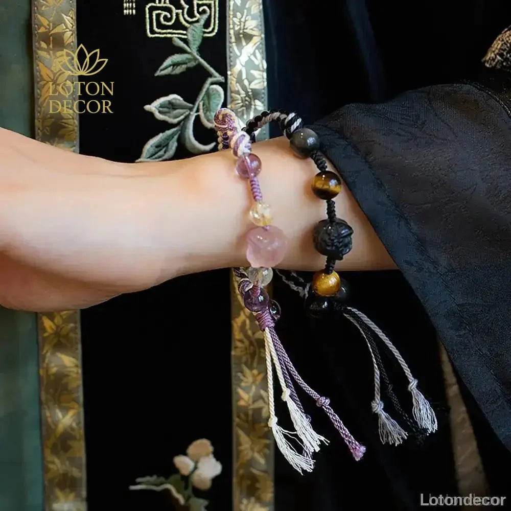 Amethyst Lavender Jade Bracelet 9 Purple Fire Luck Lion Charm Color Cord Bracelet - Loton Decor