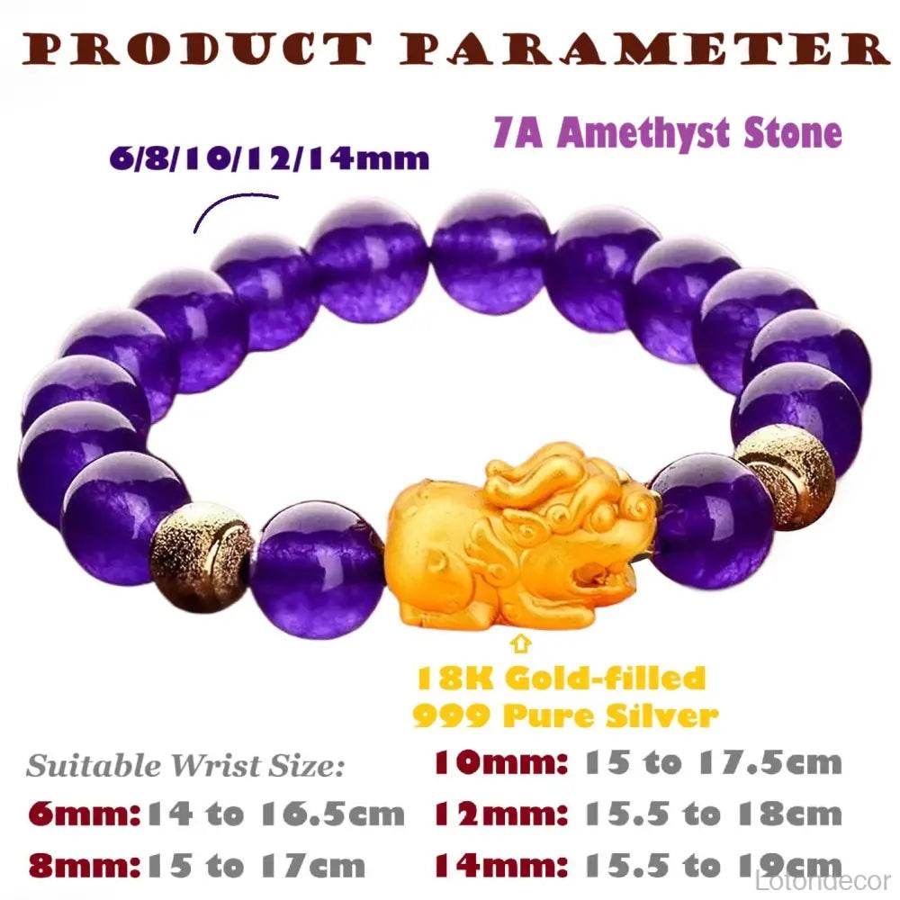 Amethyst Pi Xiu Bracelet 18K Gold-filled Pure Silver Pi Yao Feng Shui Wealth 9A Crystal Bracelet for Prosperity Money - Loton Decor