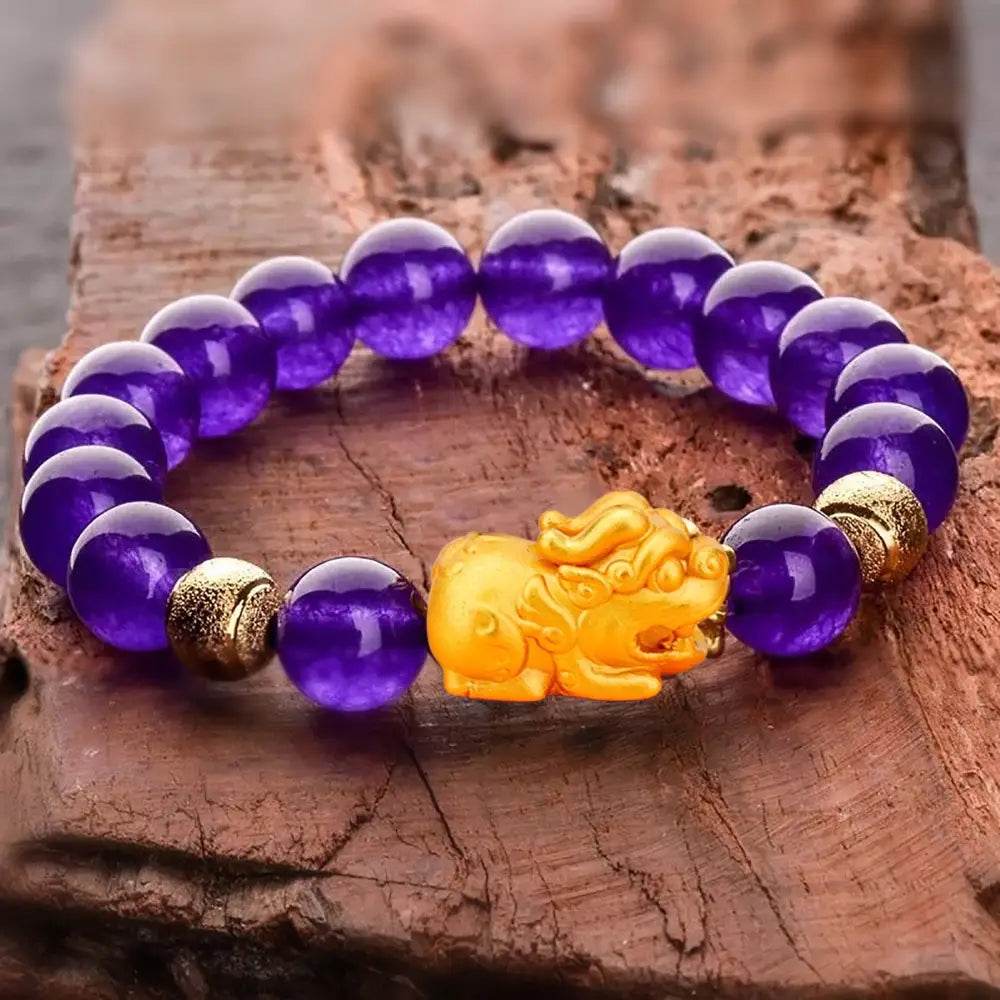 Amethyst Pi Xiu Bracelet 18K Gold-filled Pure Silver Pi Yao Feng Shui Wealth 9A Crystal Bracelet for Prosperity Money - Loton Decor