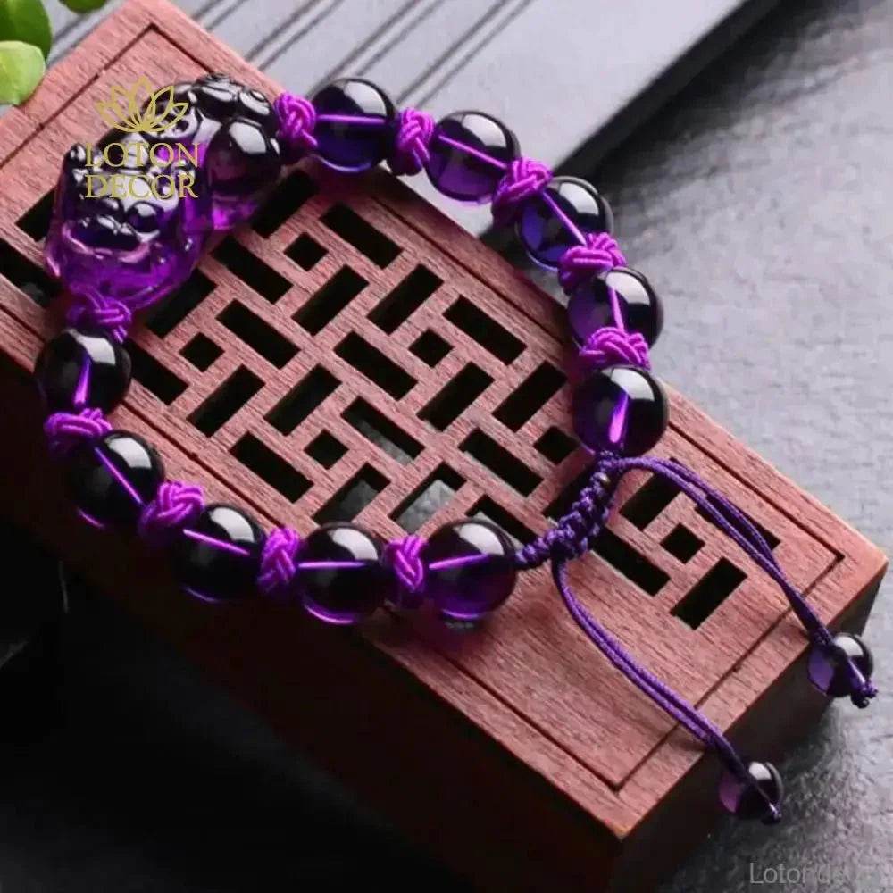 Amethyst Pixiu Bracelet – Braided Adjustable Wealth Charm for Women - Loton Decor