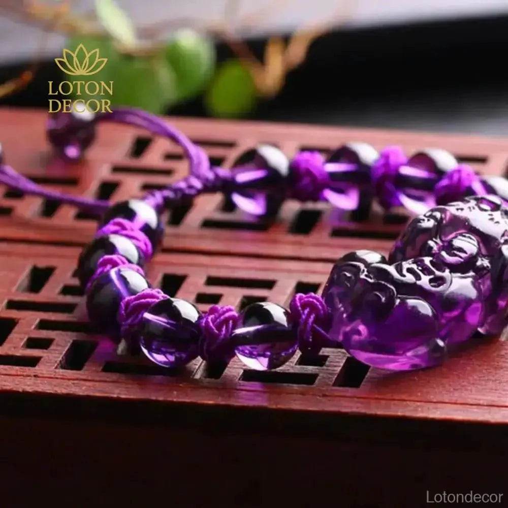 Amethyst Pixiu Bracelet – Braided Adjustable Wealth Charm for Women - Loton Decor