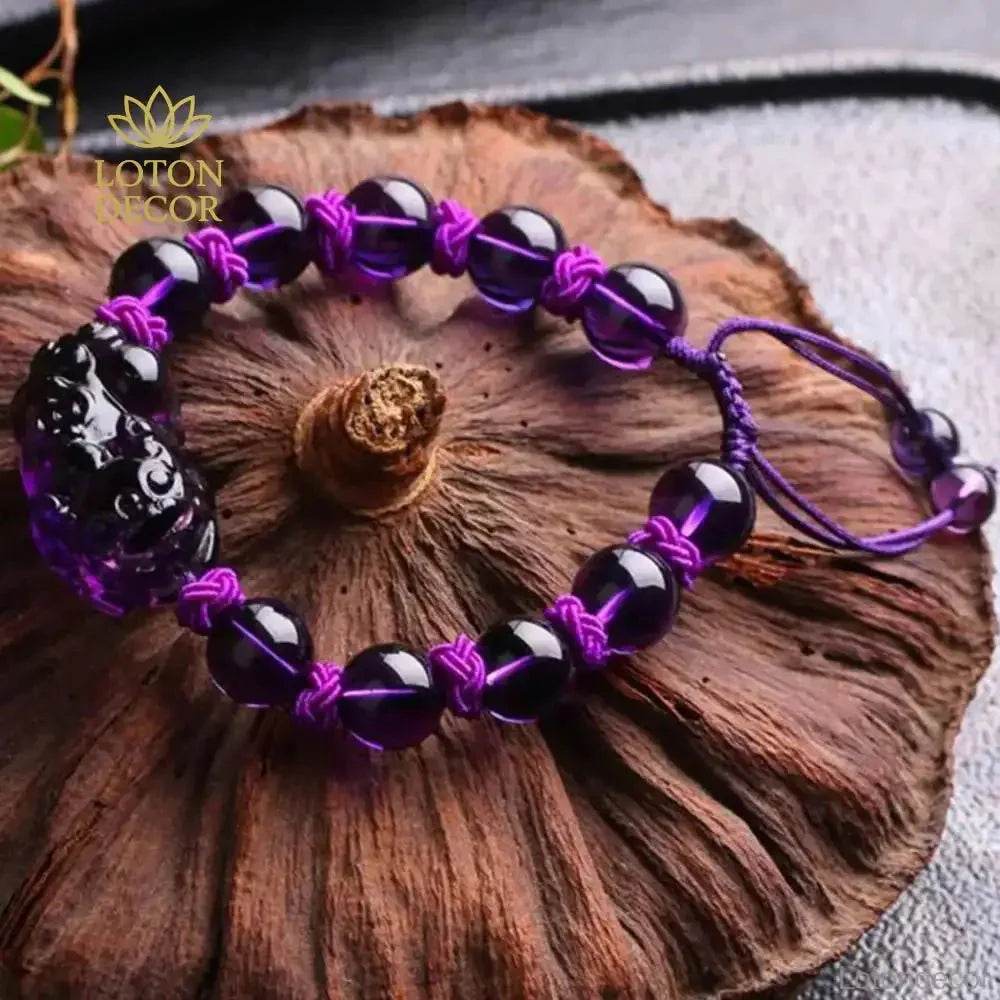 Amethyst Pixiu Bracelet – Braided Adjustable Wealth Charm for Women - Loton Decor