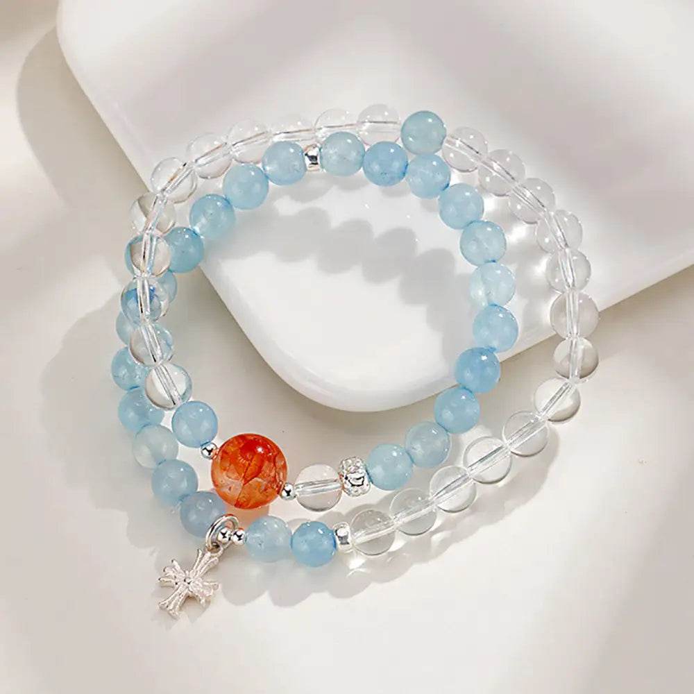 Aquamarine Cross Bracelet Clear Quartz S925 Pure Silver Pendant Spacers Red Phantom Quartz Charm - Loton Decor