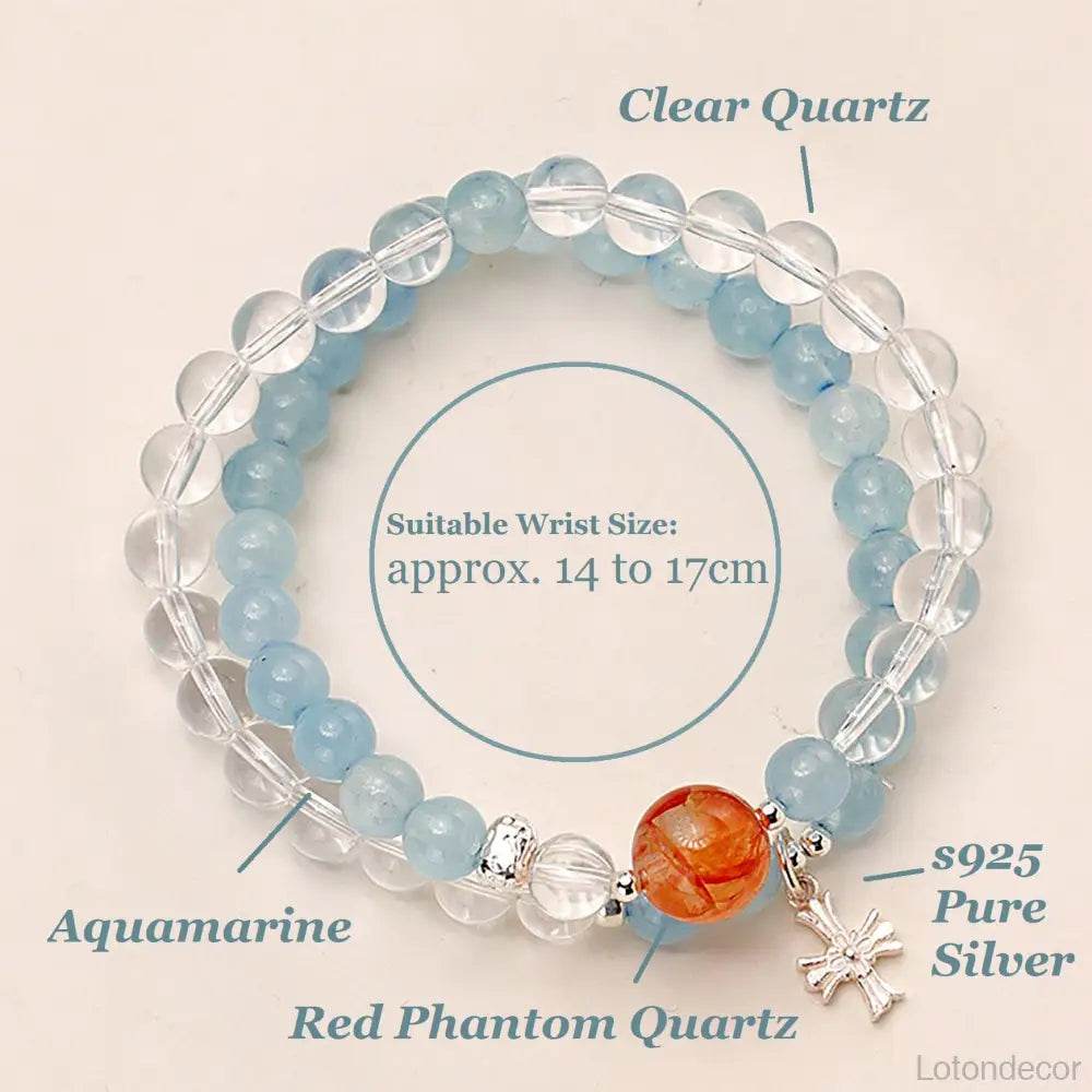 Aquamarine Cross Bracelet Clear Quartz S925 Pure Silver Pendant Spacers Red Phantom Quartz Charm - Loton Decor