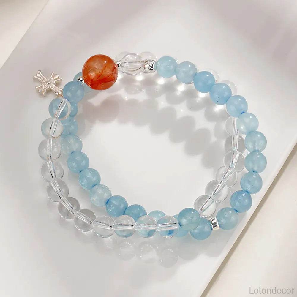 Aquamarine Cross Bracelet Clear Quartz S925 Pure Silver Pendant Spacers Red Phantom Quartz Charm - Loton Decor