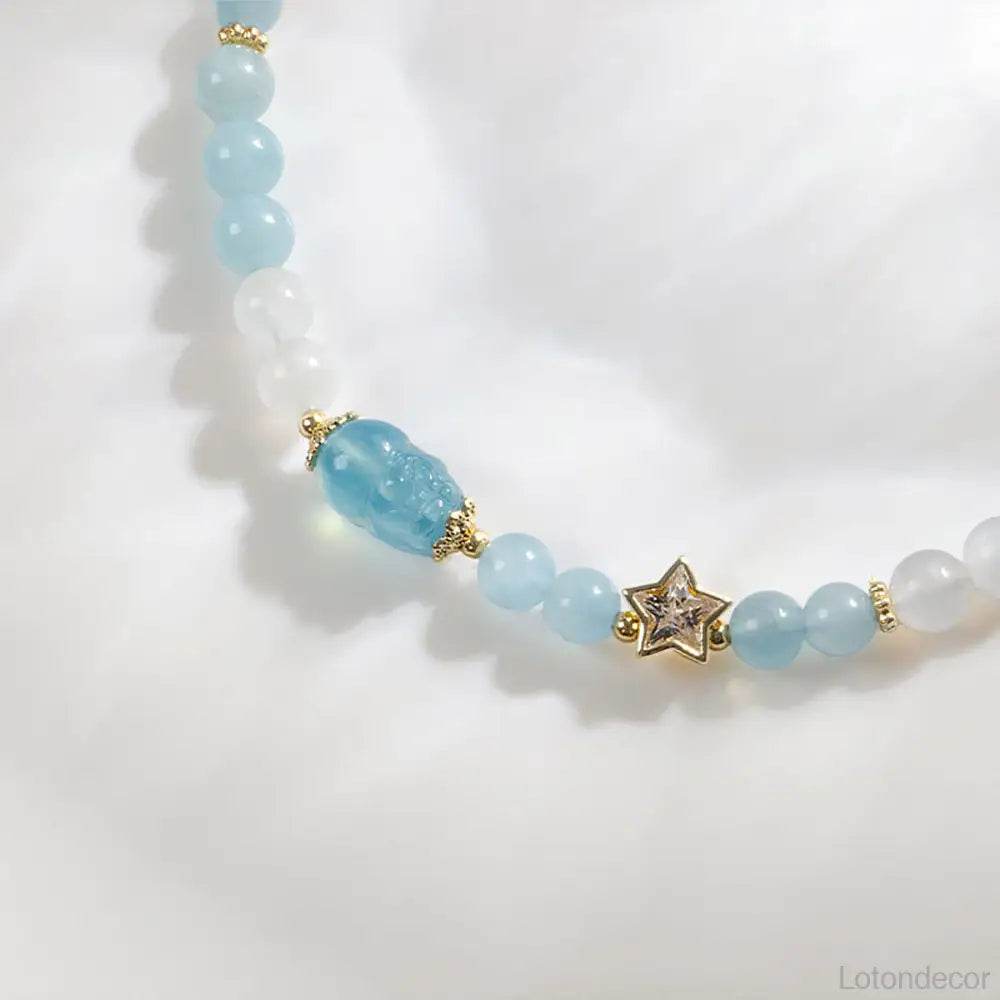 Aquamarine Pi Xiu Bracelet Money Bag Pi Yao Moonstone Double Layer Feng Shui Wealth Crystal Bracelet for Money Windfall - Loton Decor