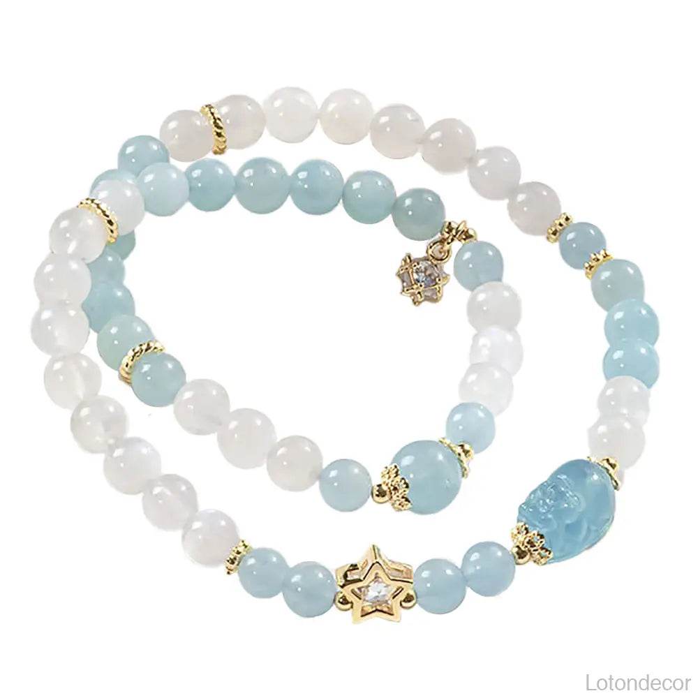 Aquamarine Pi Xiu Bracelet Money Bag Pi Yao Moonstone Double Layer Feng Shui Wealth Crystal Bracelet for Money Windfall - Loton Decor