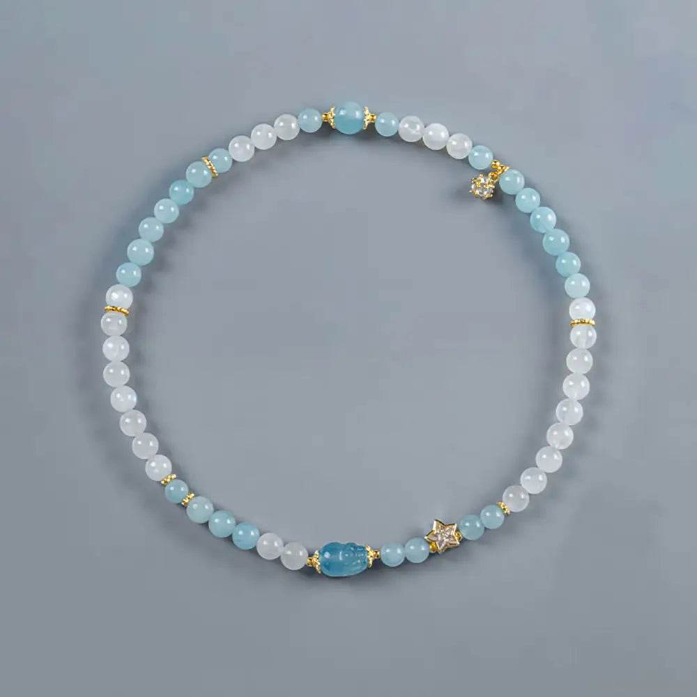 Aquamarine Pi Xiu Bracelet Money Bag Pi Yao Moonstone Double Layer Feng Shui Wealth Crystal Bracelet for Money Windfall - Loton Decor
