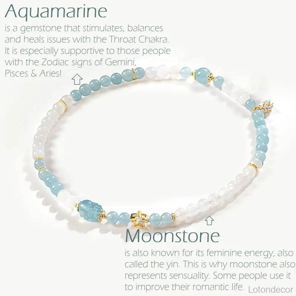 Aquamarine Pi Xiu Bracelet Money Bag Pi Yao Moonstone Double Layer Feng Shui Wealth Crystal Bracelet for Money Windfall - Loton Decor