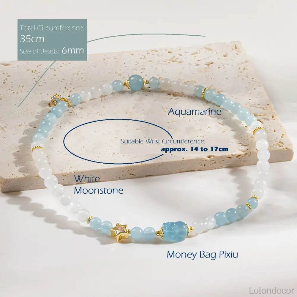 Aquamarine Pi Xiu Bracelet Money Bag Pi Yao Moonstone Double Layer Feng Shui Wealth Crystal Bracelet for Money Windfall - Loton Decor