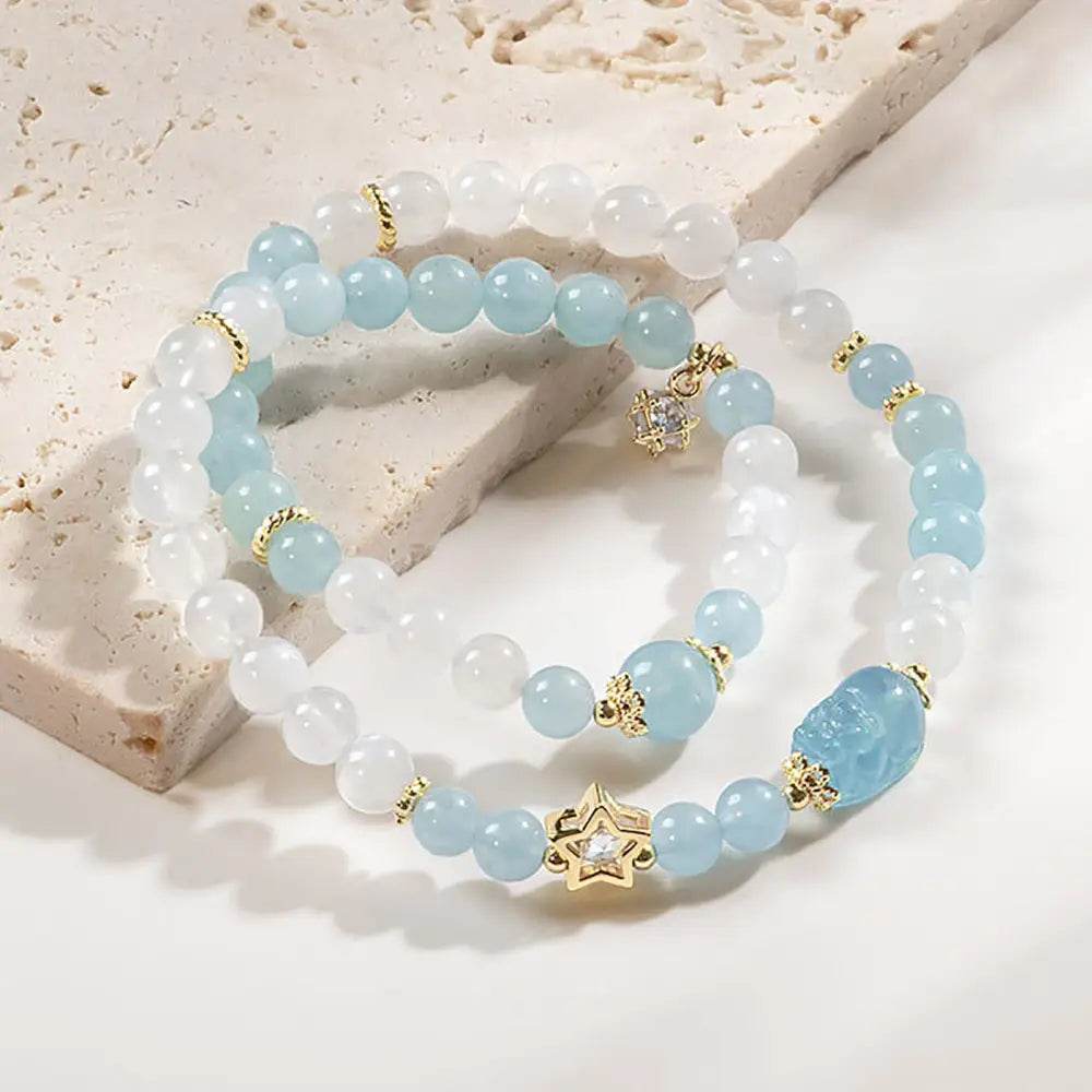 Aquamarine Pi Xiu Bracelet Money Bag Pi Yao Moonstone Double Layer Feng Shui Wealth Crystal Bracelet for Money Windfall - Loton Decor