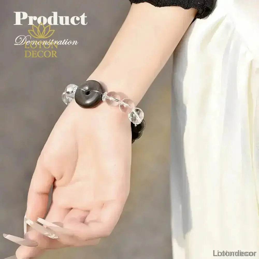 Black Obsidian Bracelet 12MM Silver Obsidian Harmony Buckle Donut Clear Quartz Multi-Gem Bangle for Prosperity - Loton Decor
