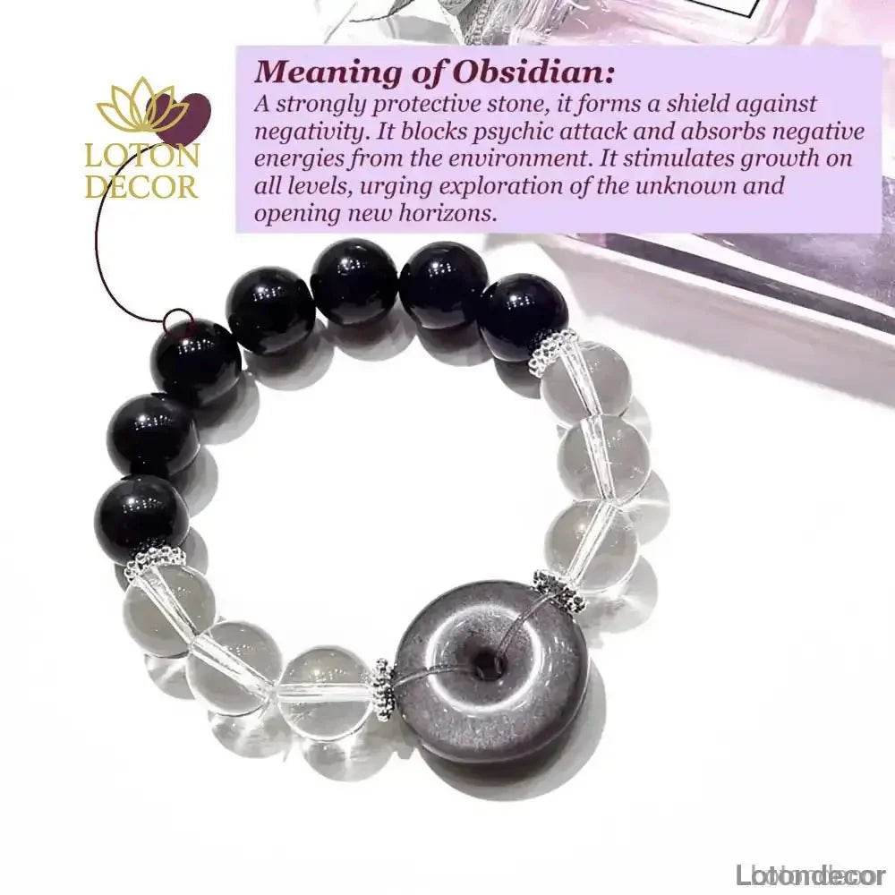 Black Obsidian Bracelet 12MM Silver Obsidian Harmony Buckle Donut Clear Quartz Multi-Gem Bangle for Prosperity - Loton Decor