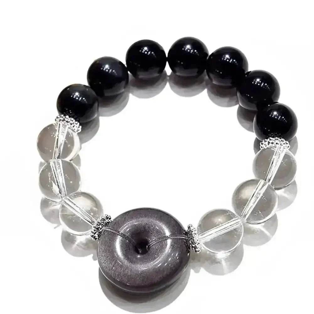 Black Obsidian Bracelet 12MM Silver Obsidian Harmony Buckle Donut Clear Quartz Multi-Gem Bangle for Prosperity - Loton Decor