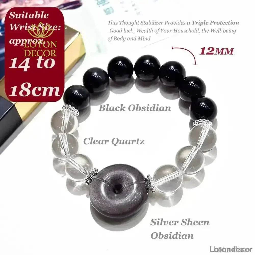 Black Obsidian Bracelet 12MM Silver Obsidian Harmony Buckle Donut Clear Quartz Multi-Gem Bangle for Prosperity - Loton Decor