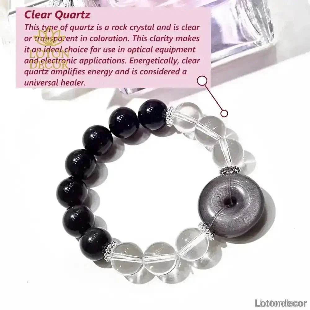 Black Obsidian Bracelet 12MM Silver Obsidian Harmony Buckle Donut Clear Quartz Multi-Gem Bangle for Prosperity - Loton Decor