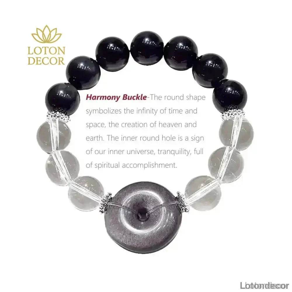 Black Obsidian Bracelet 12MM Silver Obsidian Harmony Buckle Donut Clear Quartz Multi-Gem Bangle for Prosperity - Loton Decor