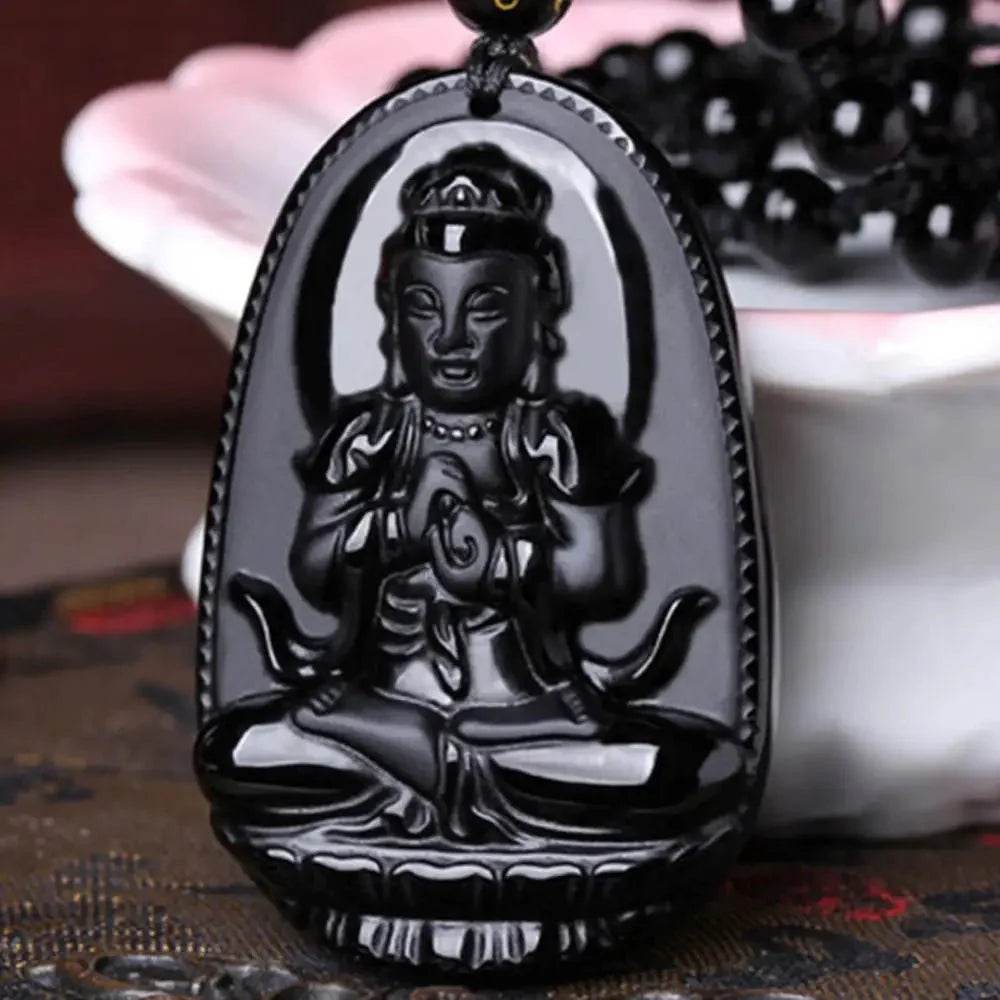 Black Obsidian Buddha Necklace – Feng Shui Long Luck Amulet - Loton Decor