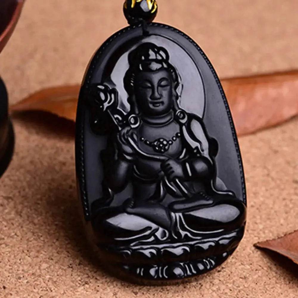 Black Obsidian Buddha Necklace – Feng Shui Long Luck Amulet - Loton Decor
