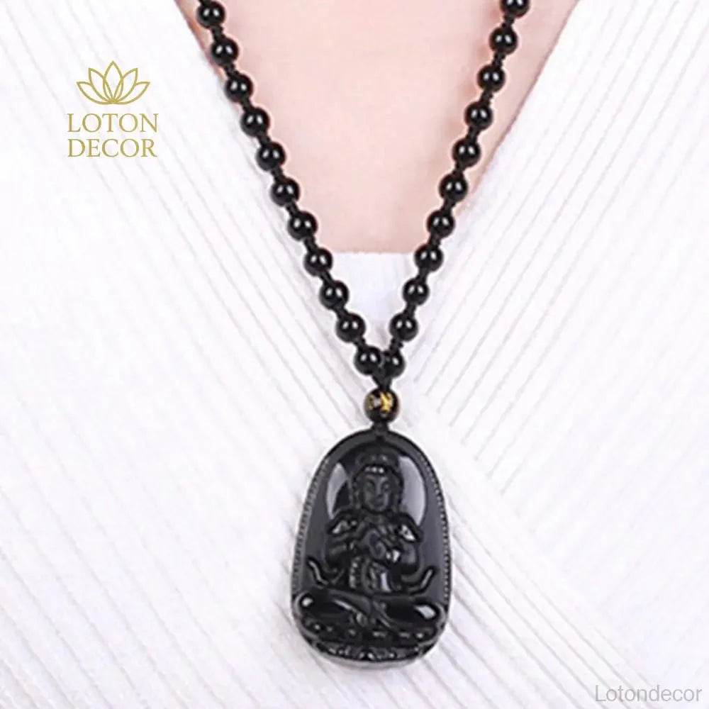 Black Obsidian Buddha Necklace – Feng Shui Long Luck Amulet - Loton Decor