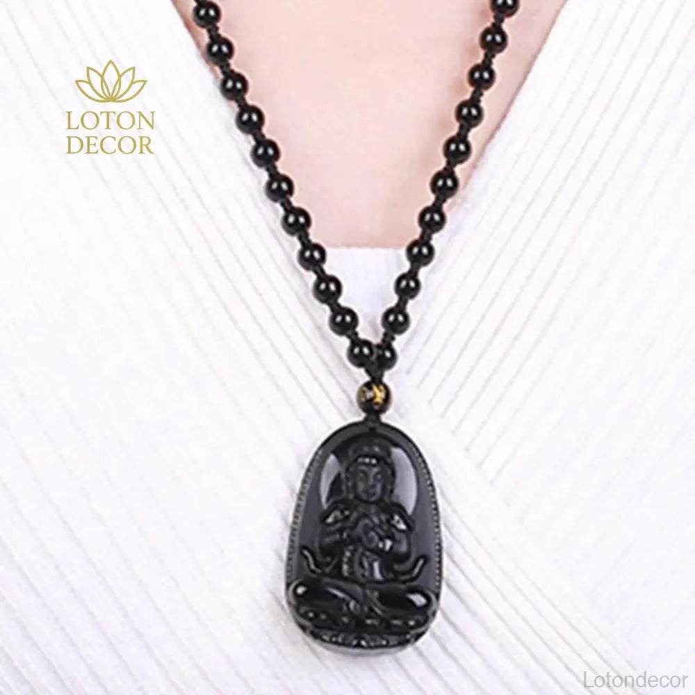 Black Obsidian Buddha Necklace – Feng Shui Long Luck Amulet - Loton Decor
