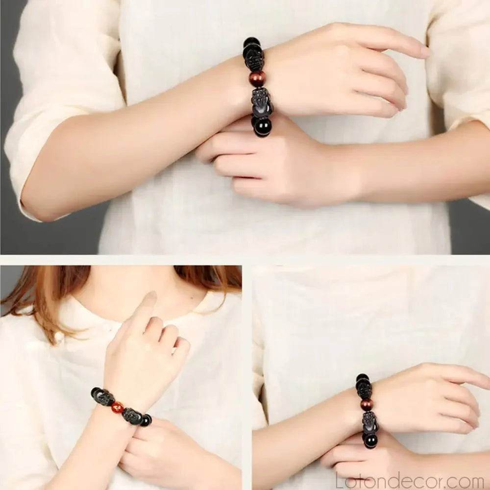 Black Obsidian Double Pixiu Bracelet – Wealth & Protection Bangle - Loton Decor