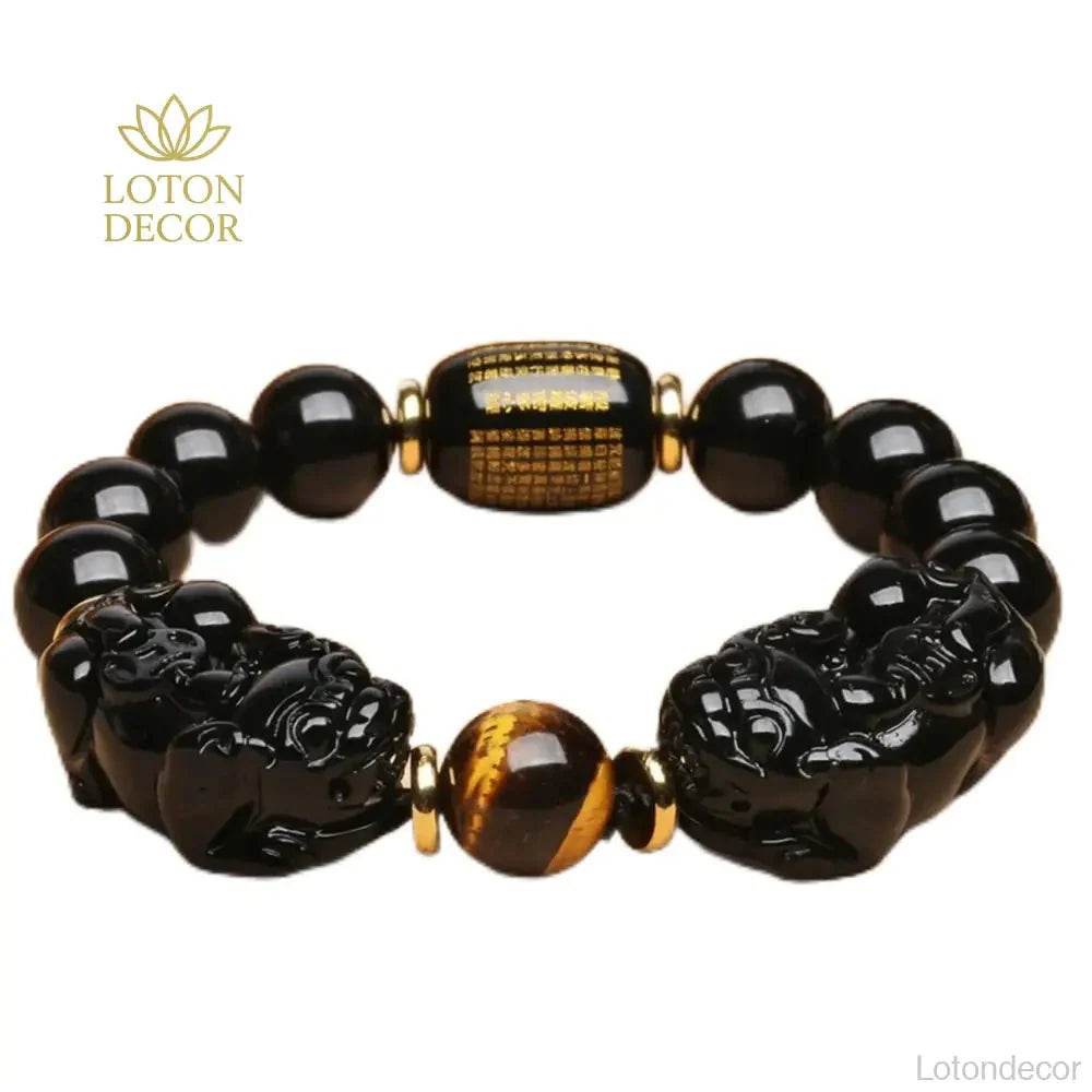 Black Obsidian Pi Yao Bracelet – Sutra Protection Amulet - Loton Decor