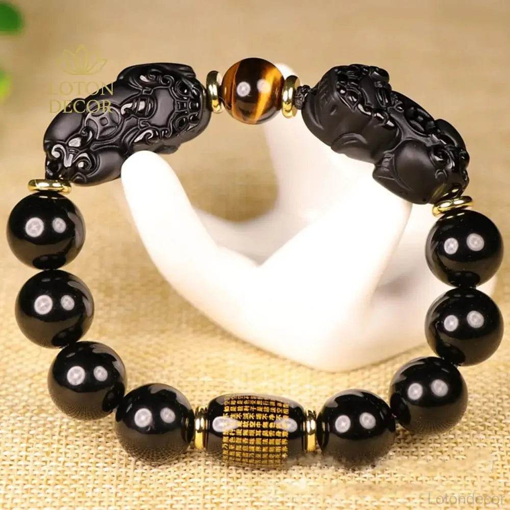 Black Obsidian Pi Yao Bracelet – Sutra Protection Amulet - Loton Decor