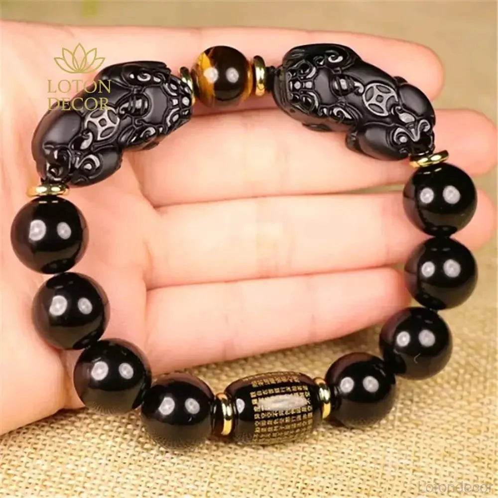 Black Obsidian Pi Yao Bracelet – Sutra Protection Amulet - Loton Decor