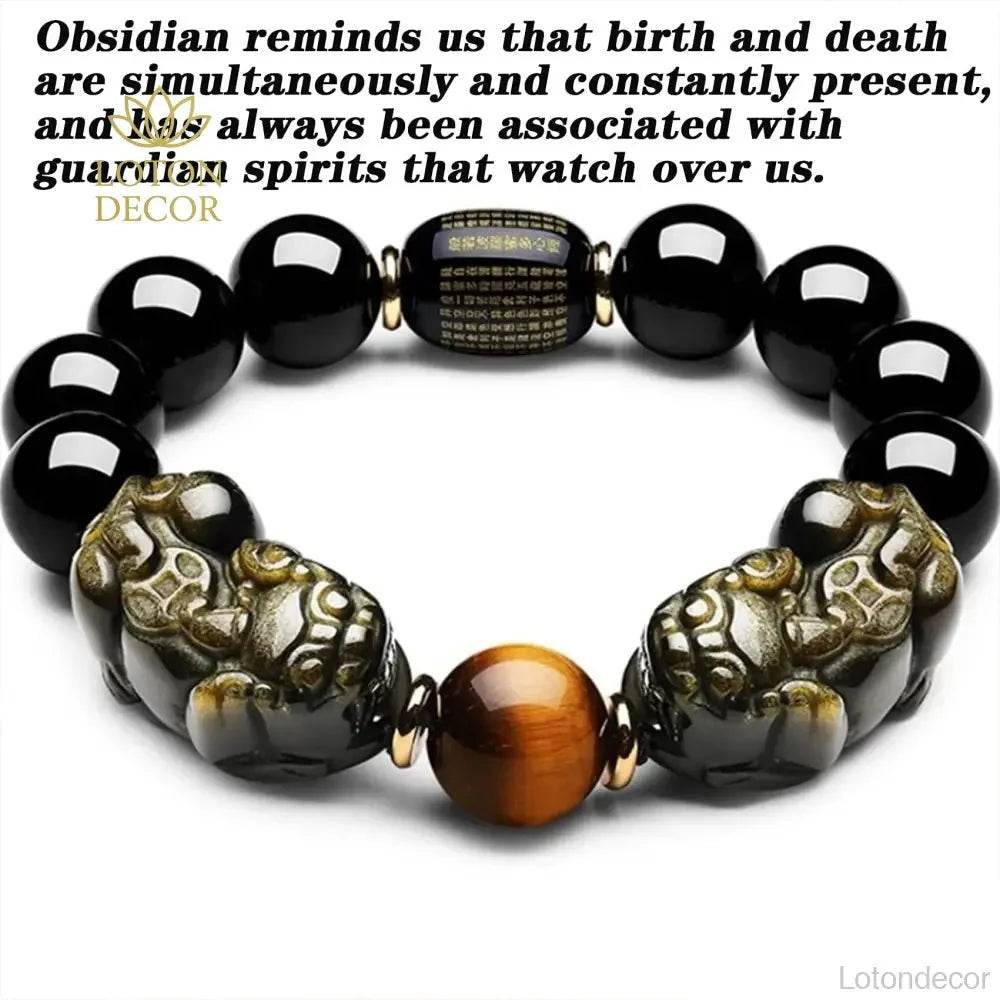 Black Obsidian Pi Yao Bracelet – Sutra Protection Amulet - Loton Decor