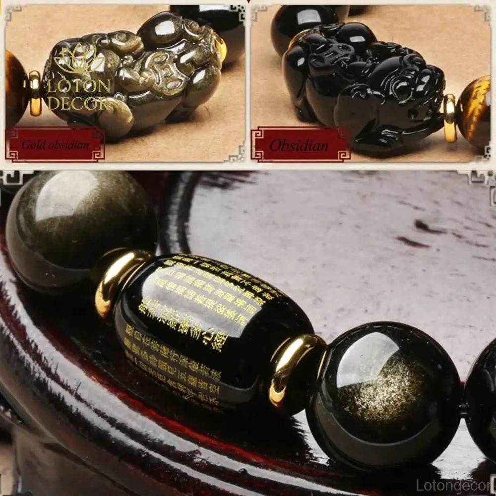 Black Obsidian Pi Yao Bracelet – Sutra Protection Amulet - Loton Decor