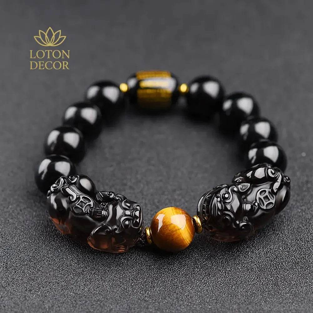 Black Obsidian Pi Yao Feng Shui Wealth Bracelet Unisex - Loton Decor