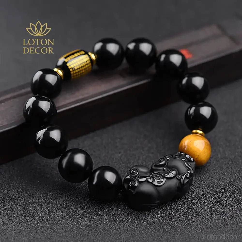 Black Obsidian Pi Yao Feng Shui Wealth Bracelet Unisex - Loton Decor