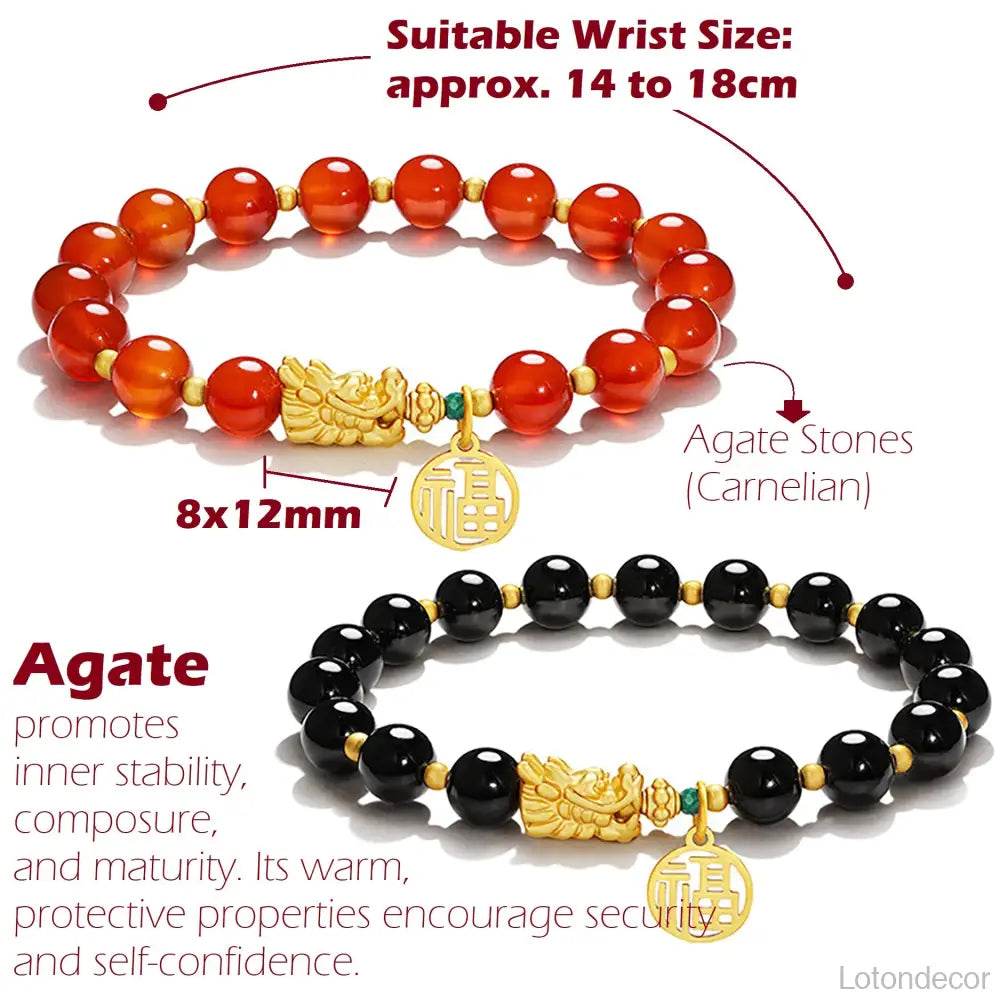 Black Obsidian/Red Agate Bracelet Vietnamese Gold Dragon Head Chakra Balance Gem Zodiac Spiritual Animal Talisman - Loton Decor
