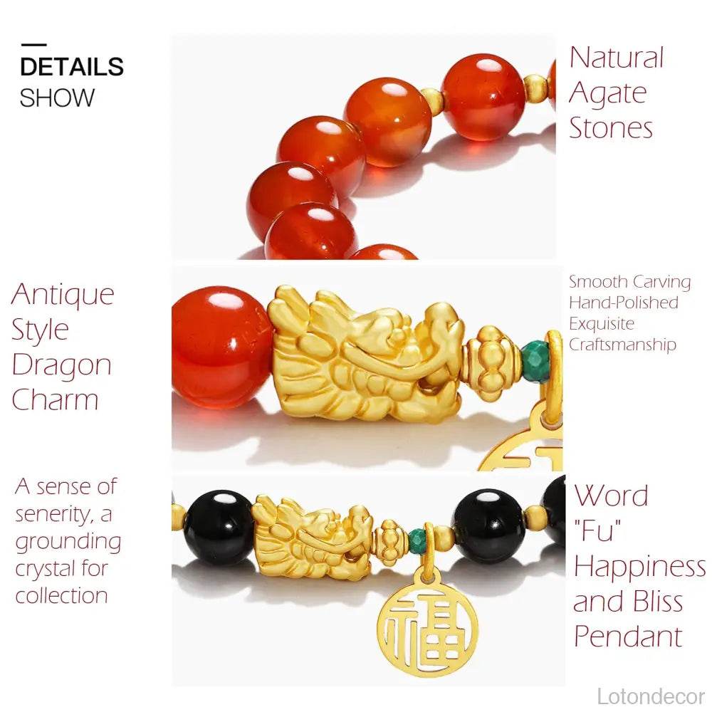 Black Obsidian/Red Agate Bracelet Vietnamese Gold Dragon Head Chakra Balance Gem Zodiac Spiritual Animal Talisman - Loton Decor
