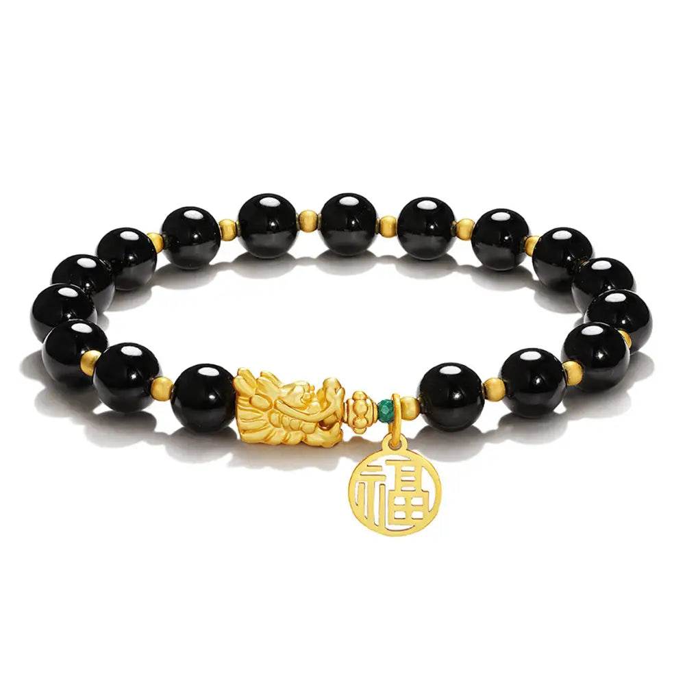Black Obsidian/Red Agate Bracelet Vietnamese Gold Dragon Head Chakra Balance Gem Zodiac Spiritual Animal Talisman - Loton Decor
