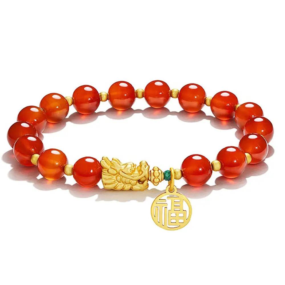 Black Obsidian/Red Agate Bracelet Vietnamese Gold Dragon Head Chakra Balance Gem Zodiac Spiritual Animal Talisman - Loton Decor